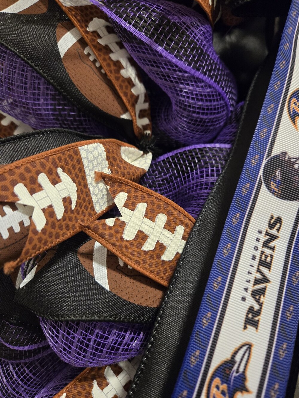 Large NFL Baltimore Ravens Football Ribbon Wreath - Purple, Black, Brown - Picture 3 of 3